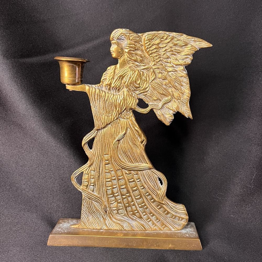 Unbranded Brass Angel Candle Holder Gold Excellent Winged Vintage Decor 9 inch